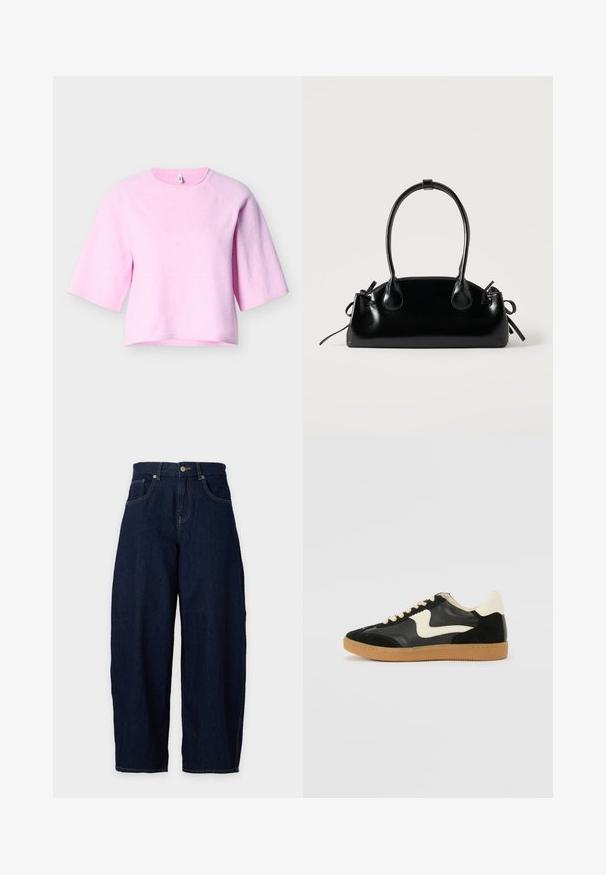 Pull-over à manches courtes en matériau rose doux avec un col rond et un ourlet côtelé. Dispose de manches raglan et d'une coupe décontractée.; Jean en denim bleu foncé à jambes larges, fermeture avant par bouton et zip, passants de ceinture et poches avant sur fond clair.; Baskets en daim et cuir noir avec un swoosh latéral crème et un talon crème clair. Dotées de lacets beige et d'une semelle en caoutchouc gomme.; Petit sac à main noir brillant avec deux longues anses et des détails à cordon sur les côtés sur un fond clair uni.