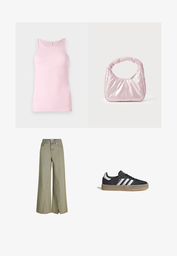 Top de tirantes de color rosa con cuello redondo y diseño sin mangas. La textura de la tela es suave y ajustada, con un dobladillo limpio.; Vaqueros de pierna ancha de color verde claro, fabricados en denim, con una cintura alta, aberturas laterales y detalles clásicos de bolsillo.; Zapatilla deportiva de cuero negro con tres rayas plateadas, punta texturizada y suela de goma. Cuenta con un collar acolchado y un diseño con cordones.; Bolso de mano acolchado en color rosa con un diseño redondeado, fabricado en material brillante. Presenta un asa fruncida y un cierre de cremallera para un acceso seguro.