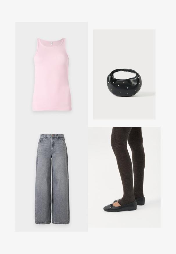 Roze geribbelde tanktop met een ronde halslijn en mouwloos ontwerp. De stof is glad en nauwsluitend, met een nette zoom.; Wijde denim jeans in een vervaagde grijze was, met vijf zakken, een knoopsluiting en een zachte textuur met subtiele whiskerdetails.; Benen met donkere geribbelde leggings gecombineerd met zwarte ballerina's met kleine strikdetails op een witte achtergrond.; Zwarte leren handtas met een afgeronde vorm, versierd met zilveren studs, en een korte handgreep. Gladde textuur en ritsluiting.