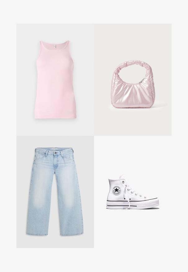 Roze geribbelde tanktop met een ronde halslijn en mouwloos ontwerp. De stof is glad en nauwsluitend, met een nette zoom.; Lichtblauwe wijde jeans gemaakt van denim. Kenmerken zijn een rechte snit, een vijfzakkenontwerp en een knoopsluiting aan de taille.; Witte Converse Chuck Taylor All Star sneaker met hoge schacht, zwarte strepen en logo-patch aan de zijkant, weergegeven tegen een effen witte achtergrond.; Roze, gevoerde handtas met een afgeronde vorm, gemaakt van glanzend materiaal. Beschikt over een geplooide handgreep en een ritssluiting voor veilige toegang.