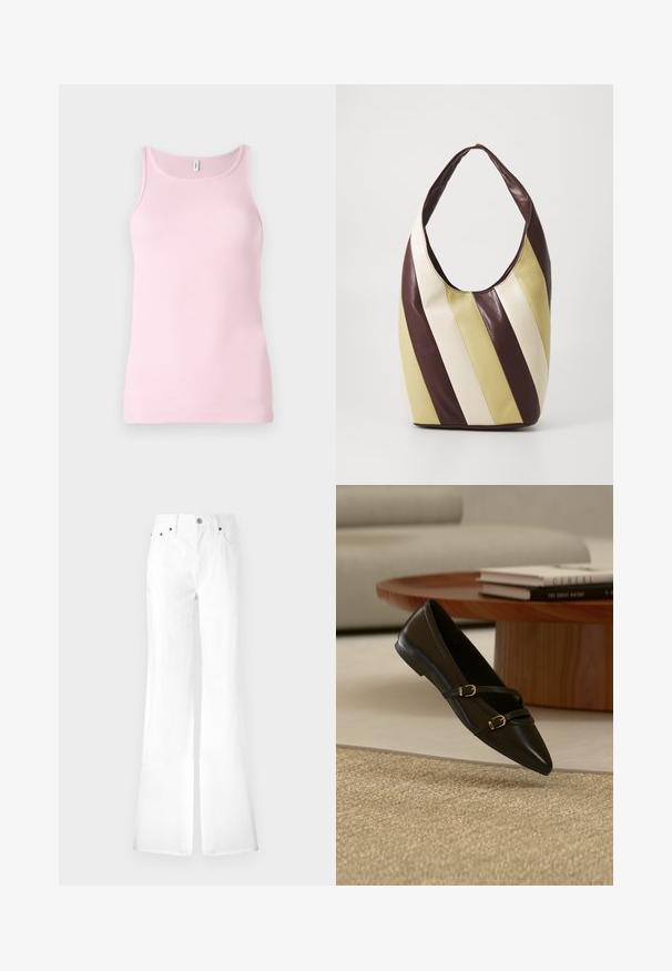 Lyserød ribbet tanktop med rund halsudskæring og ærmeløs design. Stofstrukturen erglat og tætsiddende med en pæn kant.; Hvide denim flared jeans med høj talje, fem lommer og metalknaplukning. Glat tekstur, enkelt design; lige ben der smalner ind ved kanten.; Sort flad sko med spids snude og to tynde remme med spænder, der svæver over et beige tæppe, med et bord i træ og bøger i baggrunden.; Blød læder tote-bag med brede diagonale striber i brun, creme og lys olivengrøn, med en enkelt bred skulderrem.