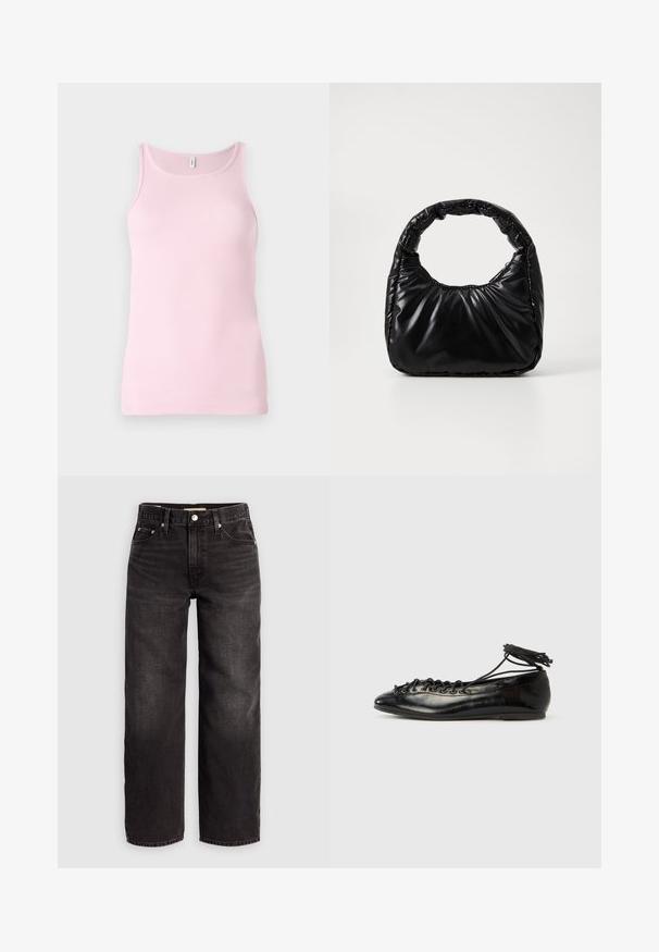 Roze geribbelde tanktop met een ronde halslijn en mouwloos ontwerp. De stof is glad en nauwsluitend, met een nette zoom.; Levi's® BAGGY DAD - Baggy jeans - shrink up; Zwarte ballerina's van lakleer met een afgeronde neus, veterdesign en een platte zool. Glad oppervlak met minimale details.; Zwarte gevoerde handtas met een ronde handgreep, met een gladde, glanzende oppervlakte en een zachte, gewatteerde textuur. Geen zichtbare metalen onderdelen of accenten.