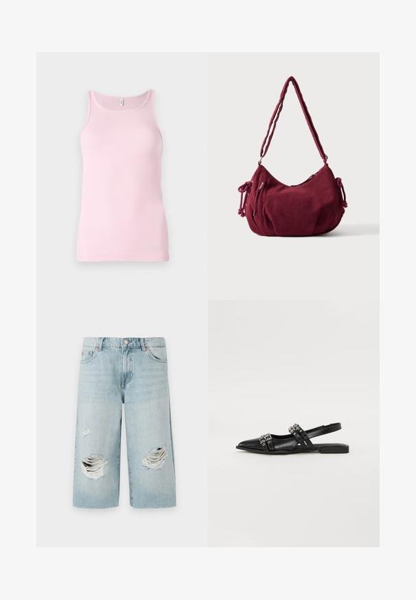 Top de tirantes de color rosa con cuello redondo y diseño sin mangas. La textura de la tela es suave y ajustada, con un dobladillo limpio.; Pantalones cortos de mezclilla azul claro con un corte holgado, que presentan dos grandes desgastes en la parte delantera. Cinco bolsillos y un cierre metálico visible.; Even&Odd by Zalando Bailarinas con tira trasera - black; Bolso de hombro de pana en color granate suave con correa ajustable, cierre de cremallera, lazos laterales y un bolsillo delantero con cremallera.