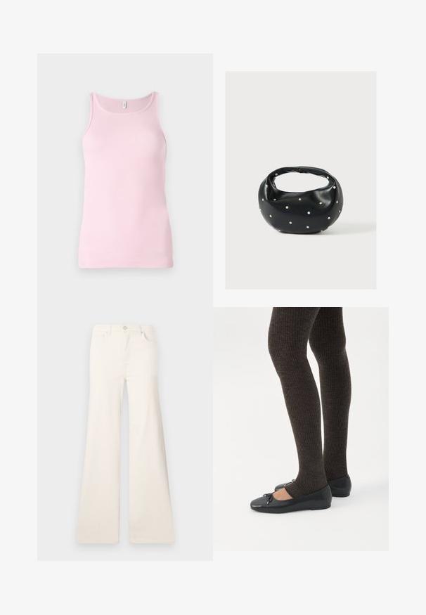 Roze geribbelde tanktop met een ronde halslijn en mouwloos ontwerp. De stof is glad en nauwsluitend, met een nette zoom.; ONLY Wide-fit ONLMADISON High waist Wide Leg Fit - Wide leg - ecru; Benen met donkere geribbelde leggings gecombineerd met zwarte ballerina's met kleine strikdetails op een witte achtergrond.; Zwarte leren handtas met een afgeronde vorm, versierd met zilveren studs, en een korte handgreep. Gladde textuur en ritsluiting.