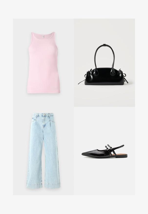 Roze geribbelde tanktop met een ronde halslijn en mouwloos ontwerp. De stof is glad en nauwsluitend, met een nette zoom.; Lichtblauwe wijde jeans gemaakt van denim, met een hoge taille, voorzakken en gestikte accenten aan de zoom.; Zwarte gepatineerde leren slingback schoenen hebben een spitse neus, twee banden met gespsieraden en een platte zool.; Kleine zwarte glanzende handtas met twee lange hengsels en zijkant trekkoord details op een effen lichte achtergrond.