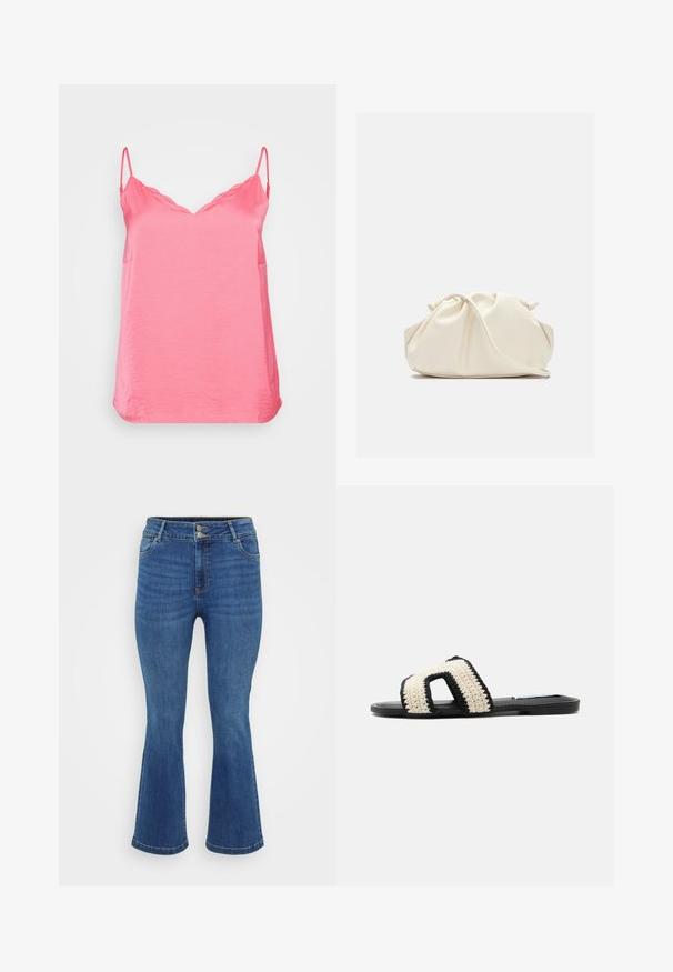 Camiseta sin mangas rosa hecha de una tela suave, con tirantes delgados ajustables, un escote ondulado y un corte relajado. Dobladillo recto con aberturas laterales.; Jeans de mezclilla azul acampanados con una cintura alta, que presentan dos bolsillos frontales, un cierre de botón y una tela texturizada con un leve desgastado.; Sandalia plana negra tipo slide con una amplia tira de crochet crema que presenta un gran recorte y borde negro.; Bolso de mano de cuero suave de color crema con diseño fruncido y plisado y una delgada correa para el hombro que descansa delante sobre un fondo liso.