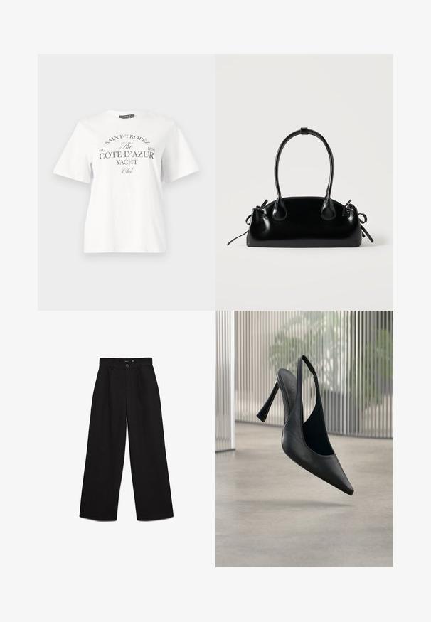Hvid bomulds t-shirt med korte ærmer, rund halsudskæring og sort tryk som siger "SAINT-TROPEZ CÔTE D’AZUR YACHT Club."; Sorte højtaljede bukser med vide ben, med knap- og lynlåslukning, bæltestropper og frontplissering.; Sort læder slingback stilet hælsko med spids tå, svævende over en glat beton gulv og vertikal metal panel baggrund.; Lille sort blank håndtaske med to lange håndtag og snøre-detaljer i siden på en ensfarvet lys baggrund.