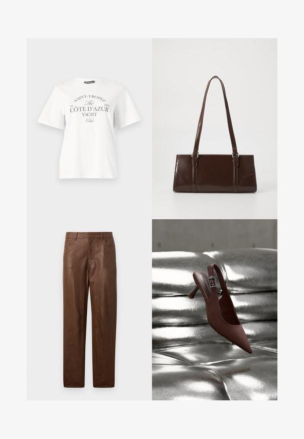 T-shirt en coton blanc avec des manches courtes, un col rond et une impression noire portant le texte "SAINT-TROPEZ CÔTE D’AZUR YACHT Club."; Pantalon en cuir marron avec une texture lisse, coupe droite et deux poches latérales. Présente des détails de couture visibles.; Chaussure slingback pointue marron avec talon bas et bride à boucle reposant sur une surface capitonnée argentée métallique brillante.; Sac à main en cuir verni marron de forme rectangulaire, avec deux longues poignées et des accents courbés subtils à l'avant.