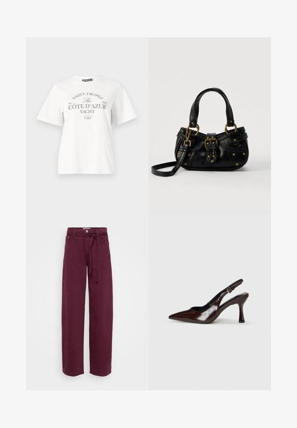 T-shirt en coton blanc avec des manches courtes, un col rond et une impression noire portant le texte "SAINT-TROPEZ CÔTE D’AZUR YACHT Club."; Pantalons larges bordeaux en coton, dotés d'une taille à lien, de deux poches avant et d'une fermeture à bouton. Texture lisse, sans motifs.; Talons slingback en cuir verni brun avec un bout pointu, un talon fin, et une sangle réglable avec une petite boucle.; Sac à main en cuir noir avec boucle dorée et détails à rivets, poignées courtes et bandoulière réglable sur fond blanc uni.