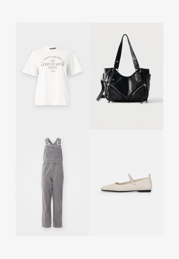 Hvid bomulds t-shirt med korte ærmer, rund halsudskæring og sort tryk som siger "SAINT-TROPEZ CÔTE D’AZUR YACHT Club."; Grå denim overalls med justerbare skulderstropper, en frontlomme og en afslappet pasform. Har lige ben og ensfarvet throughout.; Hvide ballerinasko i læder med spids tå, ankelsnor og lav sort hæl. Glat tekstur med minimale detaljer.; Sort læderhåndtaske med to lynlåslommer foran, dobbelte skulderstropper og aftagelig sidelomme mod ensartet hvid baggrund.
