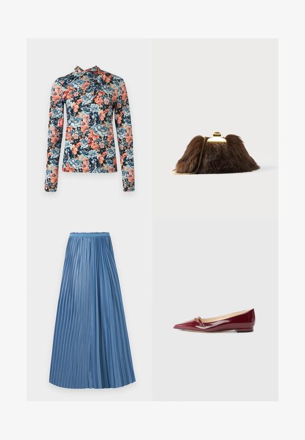 Rabanne Top s dlhým rukávom - english tapestry/pink/blue/green; Modrá plisovaná sukňa po členky s nerovnými šírkami plisov a priliehavým pásom na bielom pozadí.; Burgundské lakované baleríny s špicatou špičkou, s malým vykrojeným detailom a nízkym podpätkom. Hladká textúra a elegantný dizajn.; Hnedá kabelka z umelého kožušina so zlatým zapínaním a retiazkovým ramienkom. Mäkký povrch, trojuholníkový tvar a mierne chlpatý vzhľad.
