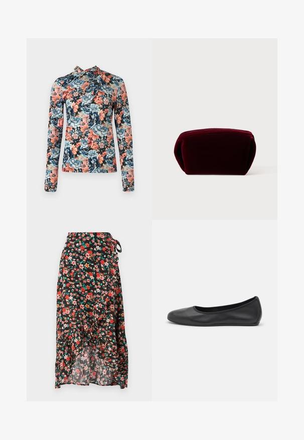 Rabanne Langærmet T-shirt - english tapestry/pink/blue/green; Blomsterindpakningsnederdel med sort baggrund, røde og pink blomster, flæsekant, justerbar bindebånd i taljen og letvægtsstof.; Sort læderballetsko med rund tå, glat tekstur, minimal syning og et fleksibelt såldesign.; Bordeaux velourspose med en rund form, tekstureret overflade og en diskret lynlåslukning øverst. Glat indvendigt.