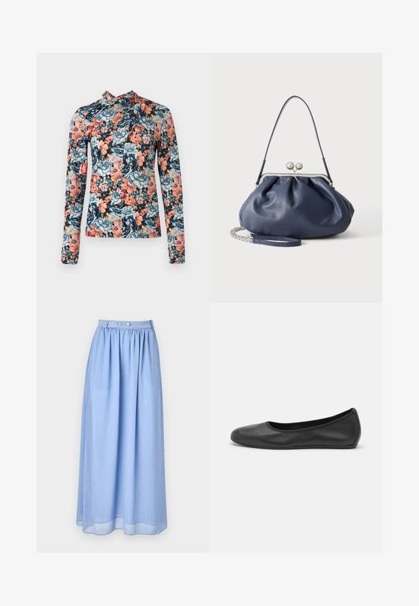 Rabanne Pikkade varrukatega topp - english tapestry/pink/blue/green; Hele sinine maxi-seelik, mis on valmistatud õhulisest kangast, kogutud vöökohaga, hõbedaste nööpide detailidega ja väikeste valgete punktidega peene mustriga.; Musthave mustika tantsutossud mustast nahast, ümmarguse varbaga, siledast tekstuurist, minimaalse õmblusdetailiga ja paindliku tallakujundusega.; Pehme tumesinine nahast käekott hõbedase klambriga, ühe õlarihmaga ja eemaldatava ketiga randmerihmaga valgel taustal.