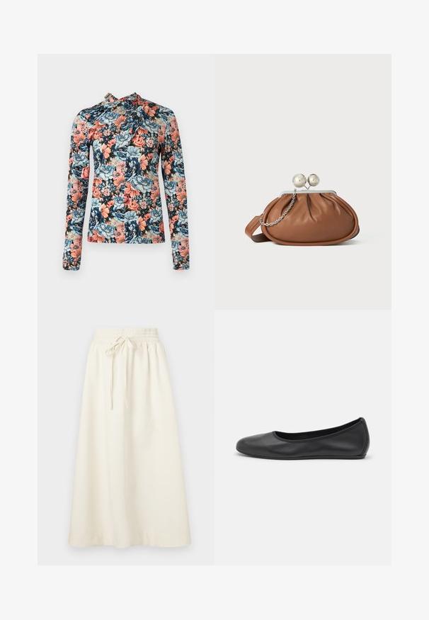 Rabanne Top s dlhým rukávom - english tapestry/pink/blue/green; Soulland MEIR SKIRT - Maxisukňa - white; Čierne kožené baleríny s okrúhlou špičkou, hladkým povrchom, minimálnym prešívaním a flexibilným dizajnom podrážky.; Hnedá kožená kabelka s strieborným guľovým zapínaním a malým strieborným reťazom na bielom pozadí.