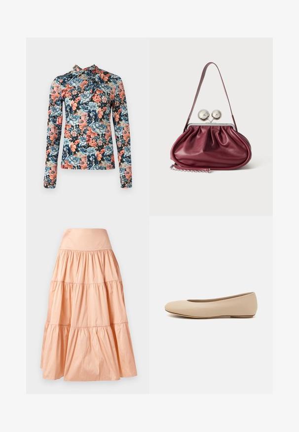 Rabanne Top s dlhým rukávom - english tapestry/pink/blue/green; Sukňa v broskyňovej farbe na viacúrovniach vyrobená z ľahkého materiálu. Má široký pás a jemnú textúru s nariasením po celej ploche.; Béžové kožené baleríny s okrúhlym prstom, minimálnym švom, nízkym podpätkom a diskrétnym logom na zadnej strane. Hladká, matná textura.; Malá bordová kožená kabelka so záhybmi, tenkým remienkom a striebornou prackou s dvoma veľkými okrúhlymi gombíkmi.
