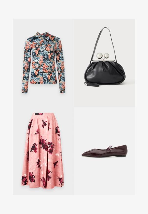 Rabanne Top s dlhým rukávom - english tapestry/pink/blue/green; Ružová kvetinová midi sukňa z hladkej tkaniny. Obsahuje tmavočervené ruže a abstraktné vzory. A-liniový strih s plisovaním v páse.; Balerínky z bordovej lakovej kože s špicatou špičkou a ozdobnou fialovou mašľou na nárte; plochý dizajn podrážky.; Čierna kožená kabelka so zhlukovým dizajnom, jedným popruhom, strieborným kovovým rámom a dvoma veľkými okrúhlymi striebornými zapínaniami.