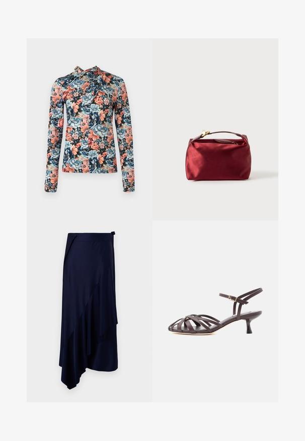 Rabanne Longsleeve - english tapestry/pink/blue/green; Rabanne Kokerrok - deep navy; Donkerbruine leren sandaal met bandjes en kitten heel, verstelbare gesp rond de enkel, op witte achtergrond.; Bordeaux satijnen cosmetica tas met een rechthoekige vorm, ritssluiting en een kort handvat. Beschikt over een minimalistisch ontwerp en een gladde textuur.