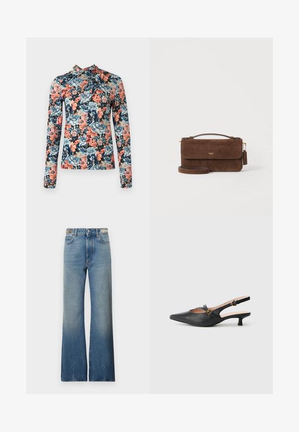 Rabanne Camiseta de manga larga - english tapestry/pink/blue/green; Rabanne Vaqueros rectos - denim stone; Zapato de salón slingback de cuero negro con puntera puntiaguda, tacón pequeño, diseño recortado y detalle de hebilla dorada en la correa.; Bolso de mano de cuero de ante marrón con asa superior y correa de hombro desmontable, con un pequeño logo dorado en la solapa frontal.