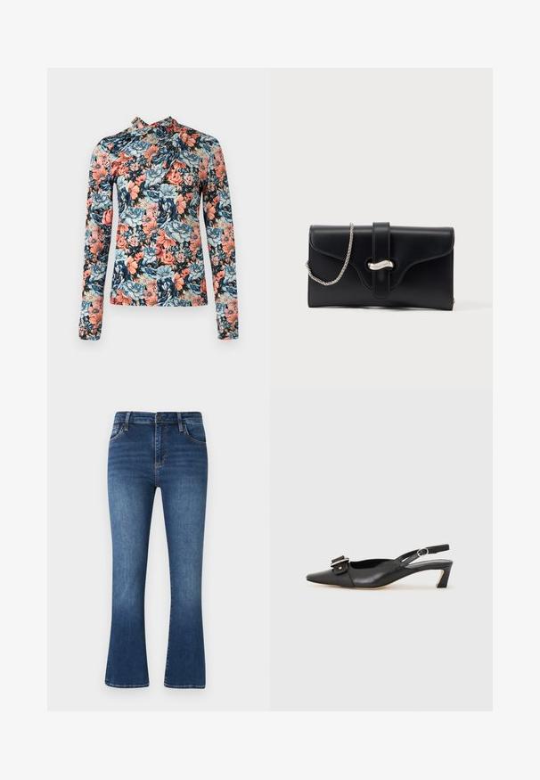 Rabanne Top s dlhým rukávom - english tapestry/pink/blue/green; Tmavomodré rozšírené džínsy vyrobené z denimu, s klasickým piatym vreckom, pútkami na opasok a jemným vyblednutím na látke.; Čierne kožené sandále s úzkym prstom, malým opätkom a dekoratívnou sponou na vrchnej časti. Hladká textúra, minimalistický dizajn.; Čierna kožená listová kabelka so strieborným reťazovým popruhom a strieborným zapínaním na prednej strane, na jednoliatom bielom pozadí.