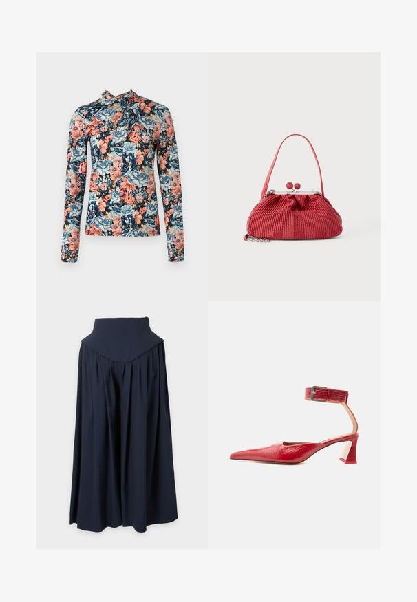Rabanne Top s dlhým rukávom - english tapestry/pink/blue/green; Tmavomodrá maxi sukňa s vysokým pásom, širokým pásom a jemnými záhybmi, splývajúca až k lemovaniu na celú dĺžku.; Červená kožená lodička s vysokým podpätkom, špicatou špičkou, textúrovaným členkovým remienkom a striebornou prackou na zakrivenom hrubom podpätku, zobrazená z profilu.; Malá červená tkaná kabelka s jedným remienkom, strieborným rámom, guličkovým zapínaním a pripevneným detailom so strieborným reťazcom.
