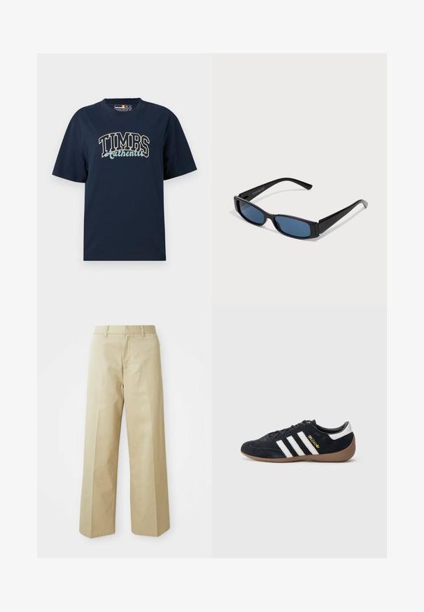 Námornícky modré bavlnené tričko s voľným strihom. Obsahuje grafický dizajn s textom "TIMBS Authentic" v kontrastných farbách. Krátke rukávy, okrúhly výstrih.; Béžové široké nohavice vyrobené z bavlny s hladkou textúrou. Majú rovný strih, pútka na opasok a predné vrecká.; Čierna semišová teniska s tromi bielymi pruhmi, gumovou podrážkou a malým zlatým logom na boku. Má hladkú čiernu vnútornú podšívku.; Čierne slnečné okuliare s elegantným obdĺžnikovým rámom a modrými sklami. Majú hladký povrch a robustné ramienka. Na strane je logo značky.