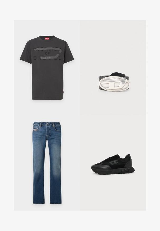 Γκρι βαμβακερό t-shirt με έντονο μαύρο κείμενο που γράφει "PROPERTY OF D.I.E.S.E.L.", με λεία υφή και κοντά μανίκια.; Μπλε τζιν παντελόνι με ίσια γραμμή, ελαφρύ ξεθώριασμα στους μηρούς, σχέδιο με πέντε τσέπες και κούμπωμα με κουμπί στη μέση.; Μαύρο sneaker χαμηλού τύπου με υφή στη σόλα, επάνω μέρος από δίχτυ και δέρμα, κορδόνια μπροστά και μικρό ανάγλυφο λογότυπο στο πλευρικό πάνελ.; Μαύρη δερμάτινη ζώνη τυλιγμένη με μια μεγάλη ασημένια οβάλ αγκράφα που έχει ανάγλυφο ένα στυλιζαρισμένο γράμμα «D».