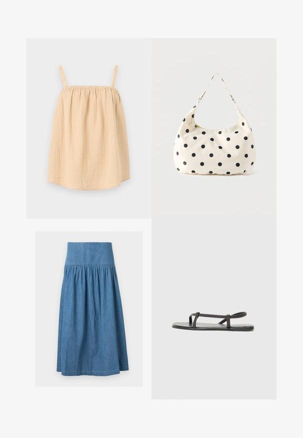Haut beige clair sans manches avec fines bretelles froncées et tissu ample texturé.; Jupe en denim bleu mi-longue avec une large ceinture élastique et un tissu froncé pour une silhouette légèrement évasée.; Sandales plates noires avec des sangles fines et texturées, au design minimaliste. La semelle est lisse et la forme globale est élégante et discrète.; Sac à main en tissu crème avec des pois noirs et une seule bandoulière, présenté sur un fond blanc uni.