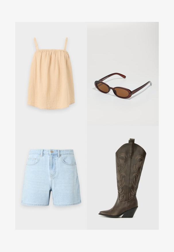 Haut beige clair sans manches avec fines bretelles froncées et tissu ample texturé.; Shorts en jean bleu clair avec bouton à l'avant, passants pour ceinture et deux poches avant sur fond uni.; Botte de cowboy en cuir marron avec un embout pointu, un talon compensé et des broderies décoratives. Dispose d'un long tige et d'une languette de tirage.; Lunettes de soleil rondes teinte brun avec une monture bordeaux brillante. Branches fines avec un détail de marque subtil. Design de verres plats.