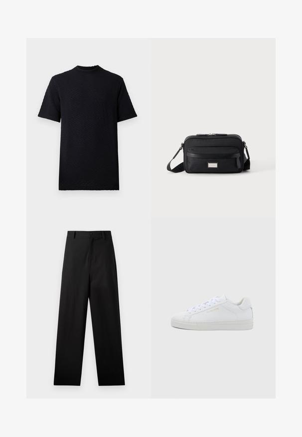 T-shirt noir à manches courtes avec un motif texturé en vagues et col rond. Fabriqué en tissu doux, doté d'une coupe décontractée et sans logo visible.; Pantalons noirs en coton avec une coupe droite, dotés d'une fermeture à bouton à l'avant et de poches latérales. Texture lisse, sans motifs.; Baskets basses en cuir blanc avec bout rond, lacets plats, semelle texturée et logo discret doré sur le côté. Surface lisse et design minimaliste.; Sac bandoulière rectangulaire noir avec poche avant zippée, sangle réglable et plaque logo rectangulaire argentée sur fond uni.