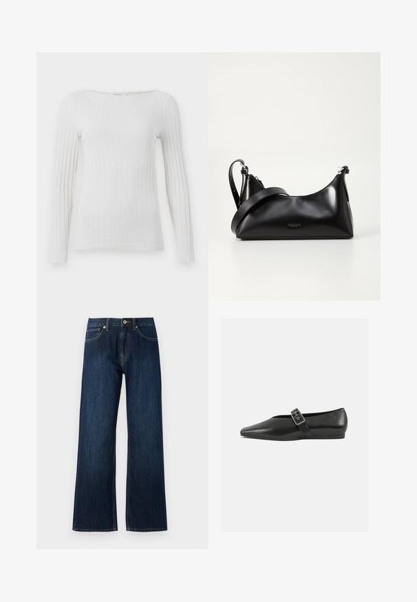 Hvid, ribbet langærmet top med bred rund halsudskæring og tætsiddende silhuet.; Bredde ben mørkeblå jeans lavet af denim, med lynlås og knaplukning, samt to forreste lommer med kontrasterende syninger.; Sorte læder flade sko med spidse tæer, prydet med en metallisk spænde over vristen og en lav, fleksibel sål.; Sort læderhåndtaske med en glat tekstur. Har en justerbar stropp og et enkelt, minimalistisk design med lynlås.