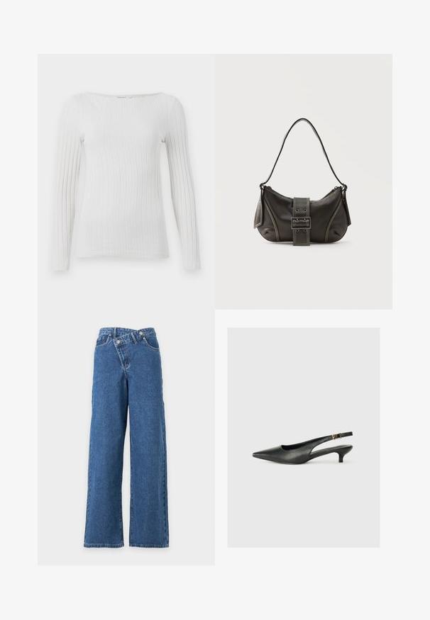 Hvid, ribbet langærmet top med bred rund halsudskæring og tætsiddende silhuet.; Blå vidde jeans med høj talje og overlappende knaplukning mod en ens hvid baggrund.; Sorte spidse slingback-sko lavet af glat læder. Har en tynd hæl og en spænde detalje på den justerbare rem.; Sort læder skuldertaske med spænde på remmen, afrundede kanter og kontrasterende hvide syninger på en ensfarvet baggrund.