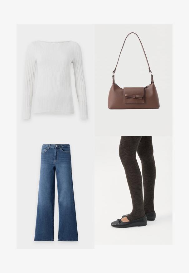 Hvid, ribbet langærmet top med bred rund halsudskæring og tætsiddende silhuet.; Bredde ben blå denimjeans med en standard talje, forlommer og en glat tekstur. Ingen synlige mønstre eller udsmykninger.; Ben iført mørke ribbede leggings kombineret med sorte balletsko med små sløjfedetaljer på hvid baggrund.; Brun skuldertaske i læder med en frontlomme med klap, der har en sydd sløjfedetalje, og en justerbar rem.