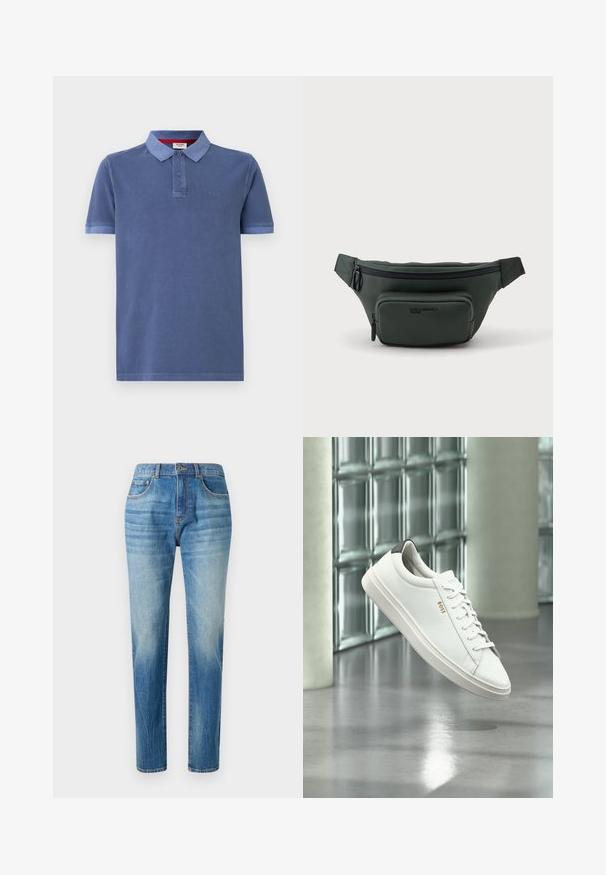Blauwe polo gemaakt van katoen met korte mouwen, een kraag en twee knopen. Heeft een subtiele logo op de borst en contrasterende afwerking.; Lichtblauwe denim jeans met een rechte pijp, voorzien van een hoge taille, subtiele vervaging en klassieke vijf-pocket stijl. Metalen knoopsluiting.; Witte leren lage sneaker met veters, zwarte hielstrook en "BOSS"-logo, zwevend binnenshuis bij een glazen stenen muur en gepolijste vloer.; Donkergroene heuptas met twee met ritssluiting afgesloten vakken en verstelbare band, getoond tegen een effen lichte achtergrond.