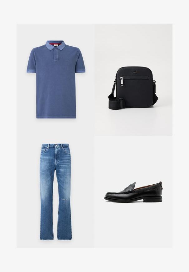 Polo bleu en coton avec des manches courtes, un col et deux boutons. Présente un logo subtil sur la poitrine et un fini contrastant.; Jean flare en denim bleu avec un délavage usé et des détails déchirés au niveau des genoux. Comprend une fermeture à bouton et à glissière, design classique à cinq poches.; Mocassin homme en cuir noir avec couture moc toe, bride penny, col texturé et petit talon empilé sur fond blanc.; Sac bandoulière en cuir noir avec une texture lisse, doté d'une poche zippée à l'avant, d'une sangle réglable et d'un design carré élégant.