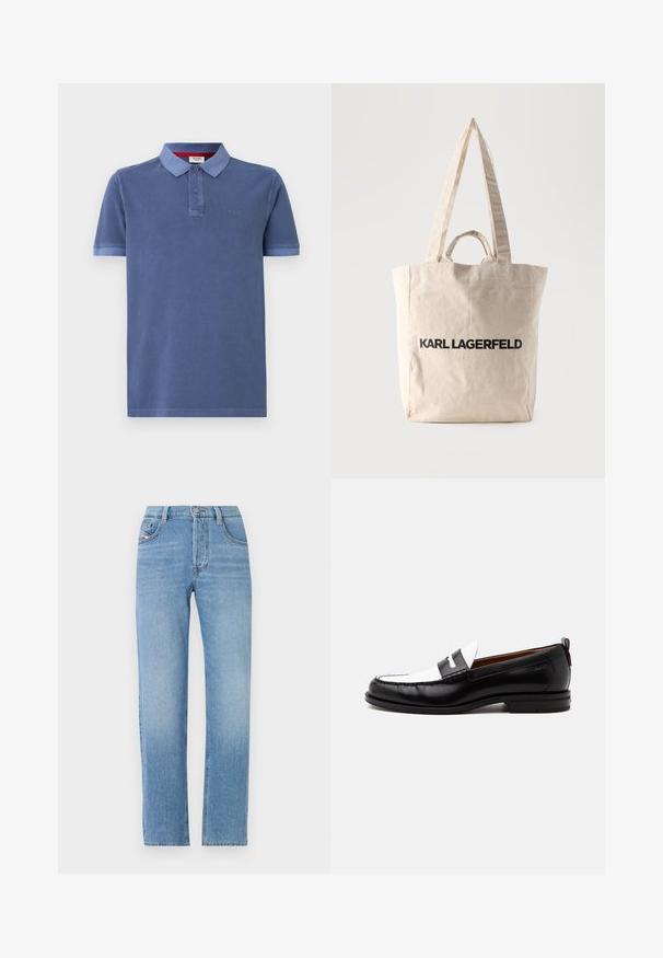 Blauwe polo gemaakt van katoen met korte mouwen, een kraag en twee knopen. Heeft een subtiele logo op de borst en contrasterende afwerking.; Lichtblauwe denim jeans met een recht design, knoopsluiting, vijf-pocket styling en een subtiele vervaging. Klassieke jeanssilhouet.; Zwart-witte leren loafer met gestikte details, lage hak en slip-on ontwerp, zijaanzicht op een egale achtergrond.; Beige canvas boodschappentas met lange en korte handvatten, met "KARL LAGERFELD" tekst in dikke zwarte letters gedrukt op de voorkant.