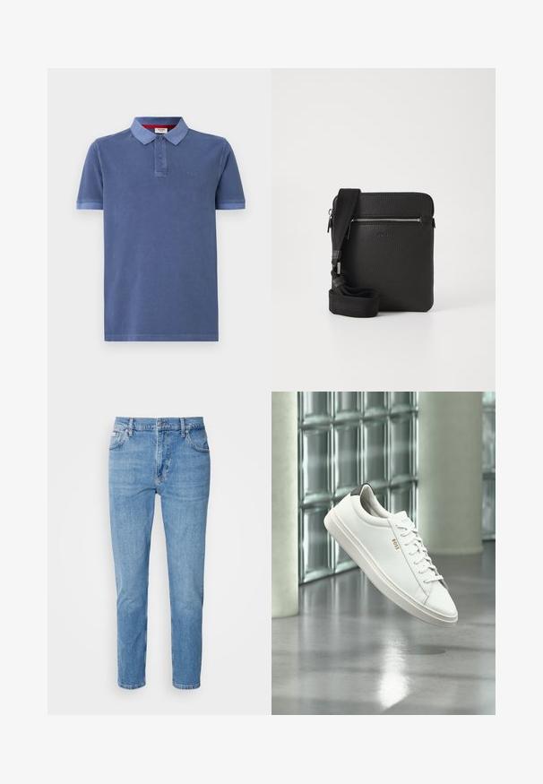 Polo bleu en coton avec des manches courtes, un col et deux boutons. Présente un logo subtil sur la poitrine et un fini contrastant.; Jeans en denim bleu clair avec une coupe droite, un design à cinq poches et un léger délavage. Comprend une fermeture à bouton et des passants de ceinture.; Baskets basses en cuir blanc avec lacets, languette de talon noire et logo « BOSS », flottant à l'intérieur près d'un mur en blocs de verre et d'un sol poli.; Sac à bandoulière en cuir noir avec une surface texturée, poche avant zippée et une sangle en tissu réglable. Design simple et carré.