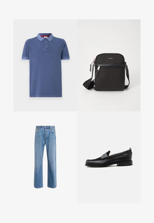 Blaues Polohemd aus Baumwolle mit kurzen Ärmeln, einem Kragen und zwei Knöpfen. Verfügt über ein dezentes Logo auf der Brust und kontrastierende Akzente.; Helle blaue Jeans im Geradeschnitt-Design, mit fünf Taschen, Knopfverschluss, minimaler Ausbleichung und kontrastierenden Nähdetails.; Schwarzer Lederloafer mit grauem Riemendetail, niedrigem Absatz und strukturierter Sohle, seitlich mit „HUGO“ in Gold gebrandmarkt.; Schwarze Umhängetasche aus strukturiertem Stoff, mit Logo auf der Vorderseite, Reißverschluss und verstellbarem Tragegurt. Verfügt über eine glatte Lederbesatz.