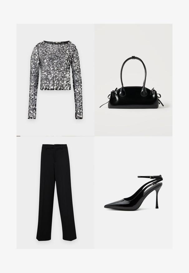 Crop top noir à manches longues avec des sequins floraux argentés et une base en maille transparente, doté d'un col rond.; Pantalons larges noirs en tissu lisse, avec une taille classique à fermeture à bouton et des plis sur le devant.; Escarpin slingback en cuir verni noir à talon haut, bout pointu et doubles brides de cheville avec boucles argentées.; Petit sac à main noir brillant avec deux longues anses et des détails à cordon sur les côtés sur un fond clair uni.