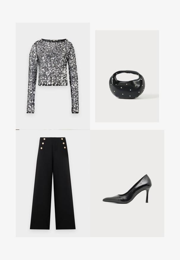 Crop top noir à manches longues avec des sequins floraux argentés et une base en maille transparente, doté d'un col rond.; Pantalon large noir à taille haute avec deux colonnes de trois boutons décoratifs dorés à l'avant.; Chaussure à talon haut pour femme en cuir verni noir avec bout pointu et talon fin sur fond clair uni.; Sac à main en cuir noir de forme arrondie, décoré de clous argentés et équipé d'une poignée courte. Texture lisse et fermeture éclair.