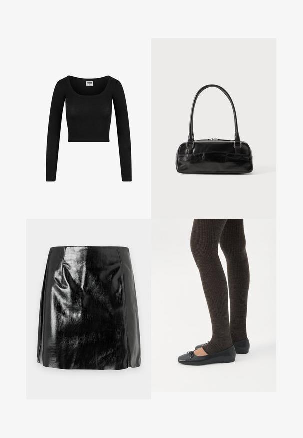 Čierny dlhý rukáv cropped top s okrúhlym výstrihom, vyrobený z rebrovanej látky. Disponuje priliehavým strihom a jemnou textúrou.; Čierna lesklá mini sukňa z faux kože s jemnými švovými detailmi a miernym predným rozparkom na bielom pozadí.; Nohy v tmavých pásikavých legínach v kombinácii s čiernymi balerínkami s malými mašličkami na bielom pozadí.; Čierna kožená kabelka obdĺžnikového tvaru, vybavená jednou pevnou rukoväťou, strieborným kováním a zipsom. Hladký povrch.