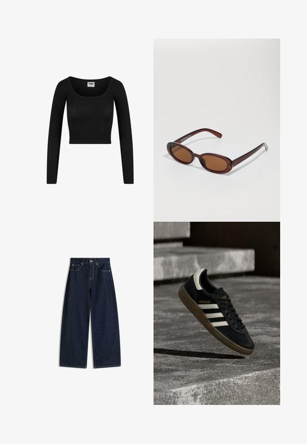 Čierny dlhý rukáv cropped top s okrúhlym výstrihom, vyrobený z rebrovanej látky. Disponuje priliehavým strihom a jemnou textúrou.; Tmavomodré džínsové nohavice s širokými nohavicami, prednými vreckami, zapínaním na gombík a viditeľným prešívaním na bielom pozadí.; Čierna teniska značky Adidas s bielymi pruhmi a gumovou podrážkou vznášajúca sa nad sivými betónovými schodmi za prirodzeného svetla.; Okrúhle slnečné okuliare s hnedým nádychom a lesklým burgundským rámom. Úzke ramená s jemným brandovaním. Plochej šošovky dizajn.