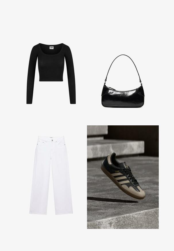 Čierny dlhý rukáv cropped top s okrúhlym výstrihom, vyrobený z rebrovanej látky. Disponuje priliehavým strihom a jemnou textúrou.; Biele džínsy s vysokým pásom, širokými nohavicami, zapínaním na gombíky a zips, vreckami vpredu aj vzadu a detailmi zo strieborných nitov.; Čierno-béžová kožená teniska s tromi bielymi pruhmi, hnedej gumenej podrážke a zlatým nápisom „Samba“ na boku.; Čierna lesklá kožená kabelka na rameno s jedným zapínateľným priehradkom na zips a tenkým remienkom zakriveným do oblúkového tvaru.