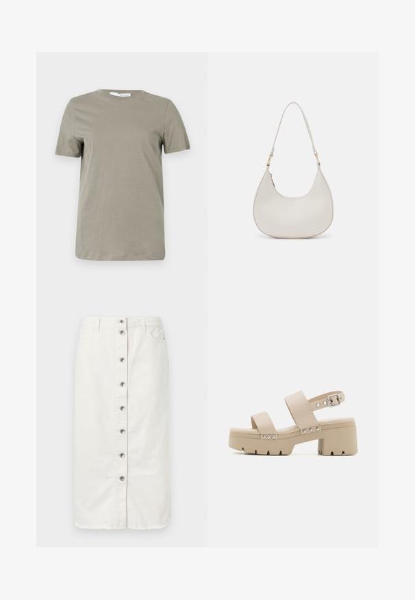 Khakifarbenes T-Shirt mit kurzen Ärmeln aus weichem Stoff. Rundhalsausschnitt; gerader Saum. Minimalistisches Design ohne sichtbare Muster oder Akzente.; Weiße Denim-Midikleid mit vorderem Knopfverschluss, zwei seitlichen Taschen und gestickten Akzenten am Bund. Mit rohem Saum.; Beige Sandale mit dicker Absatzhöhe, zwei breiten Riemen, Silbernieten, einem Schnallenknöchelriemen und einer dicken, strukturierten Sohle.; Cremfarbene Leder-Schultertasche mit einer Halbmondform, dünnem Schulterriemen und subtilen Stichdetails. Minimalistisches Design mit goldfarbenen Hardware-Akzenten.