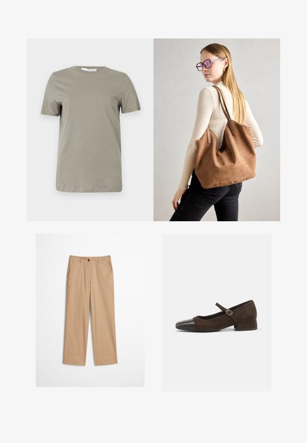 Khaki t-shirt met korte mouwen gemaakt van zacht materiaal. Ronde hals; rechte zoom. Minimalistisch ontwerp zonder zichtbare patronen of accenten.; Beige katoenen broek met rechte pijpen, een knoopsluiting aan de voorkant en een gladde textuur. Voorzien van standaard riemlussen en een platte voorkant.; Bruine suède Mary Jane-schoen met een zwarte lakleren neuskap, een verstelbare band en een lage blokhak. Gladde textuur met minimale accenten.; Bruine suède totebag met zachte textuur, grote opening en lange hengsels. Het heeft een eenvoudig ontwerp met zichtbare stiksels en geen hardware.