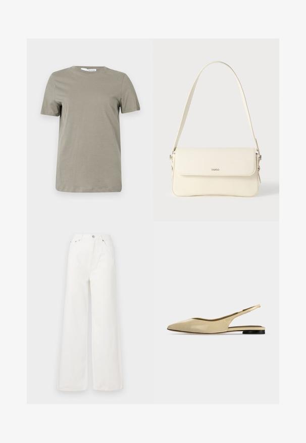Khaki kortærmet t-shirt lavet af blødt stof. Rund halsudskæring; lige kant. Minimalistisk design uden synlige mønstre eller detaljer.; Hvide højtaljede brede jeans lavet af denim. Har frontlommer, knaplukning og afrivede kantdetaljer.; Beige spids tå slingback flad sko med lav sort hæl og en glat læderfinish, vist fra siden på en ensfarvet baggrund.; Cremefarvet læder skuldertaske med flaplukning, sølvfarvet beslag, en enkelt justerbar rem og diskrete logodetaljer.