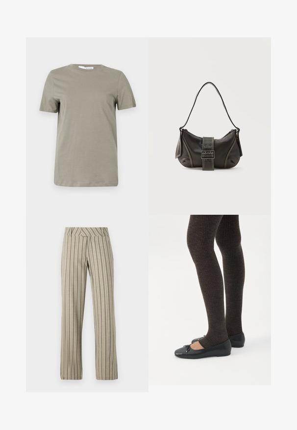 Khaki lühikeste varrukate mustrisärk, mis on valmistatud pehmest kangast. Ümmargune kaelus; sirge äär. Minimalistlik disain, ilma nähtavate mustrite või aksessuaarideta.; Kergest kangast beežikirjalised laiad püksid, millel on kõrge talje ning sirge lõige koos küljetaskutega.; Jalad seljas tumedad soonelises soonelises kombines mustade baleriinadega, millel on väikesed paelade detailid valgel taustal.; Mustast nahast õlakott pandlanööriga detailiga, kõverate servade ja kontrastse valge õmblusega tavalise tausta peal.