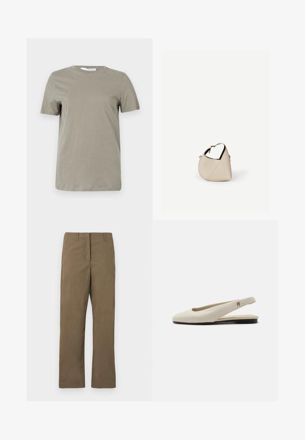 Khaki t-shirt met korte mouwen gemaakt van zacht materiaal. Ronde hals; rechte zoom. Minimalistisch ontwerp zonder zichtbare patronen of accenten.; Bruine rechte broek van katoenmix stof. Bevat riemlussen, een achterzak en heeft een gladde textuur zonder patronen.; Crèmekleurige leren slingback platte schoen met ronde neus en klein gouden embleem op het bandje.; Beige leren handtas in halvemaanvorm met een enkele schouderband en minimale stiksels, afgebeeld tegen een effen witte achtergrond.