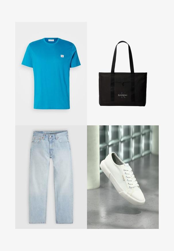 Turkis bomulds t-shirt med korte ærmer, rund hals og en lille hvid logo-patch på brystet. Glat tekstur og afslappet pasform.; Lyseblå denimjeans med en afslappet pasform, der har fem lommer, knaplukning og subtile orange syningsdetaljer.; Hvid Calvin Klein lavsko med snørebånd, svævende over en grå poleret gulv- og glassblokvæg baggrund.; Sort Calvin Klein tote taske med to lange håndtag og lomme foran, med mærkets logo i hvid og grå.