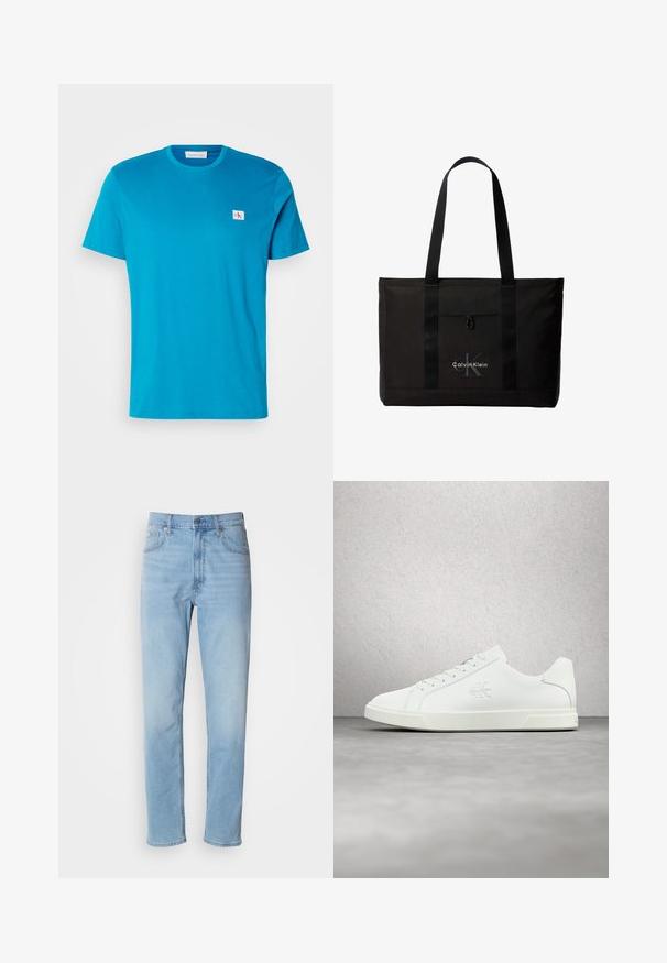 Turkis bomulds t-shirt med korte ærmer, rund hals og en lille hvid logo-patch på brystet. Glat tekstur og afslappet pasform.; Lys blå denim jeans med lige pasform, fem lommer og bæltestropper. Stoffet har en glat overflade med en let falmningseffekt.; Hvid lædersneaker med en glat overflade, snørelukning, logodetalje på siden og en kontrasterende hvid gummisål.; Sort Calvin Klein tote taske med to lange håndtag og lomme foran, med mærkets logo i hvid og grå.