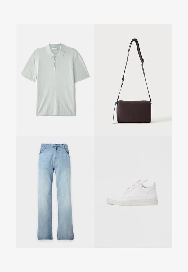 Lys blå polo shirt lavet af blødt stof, med klassisk krave, tre-knaps lukning og korte ærmer. Minimalistisk design.; Lyseblå straight-leg denimjeans med forreste knap- og lynlåslukning, forlommer og bæltestropper, vist mod en ensfarvet baggrund.; Hvid lædersneaker med rundet tå, flad sål og snørebånd foran. Har syningsdetaljer og polstret krave for komfort.; Mørkebrun textured læder crossbody taske med justerbar rem og lille dekorativ blå accent på siden.